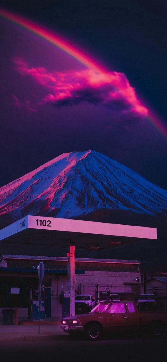 car, mountain, ice, clouds, night, gas station, purple