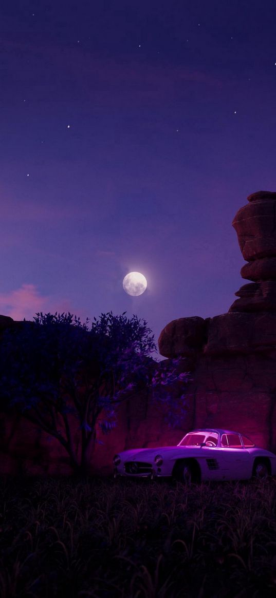 car, bushland, trees, mountain, rocks, night, moon, blue sky, stars