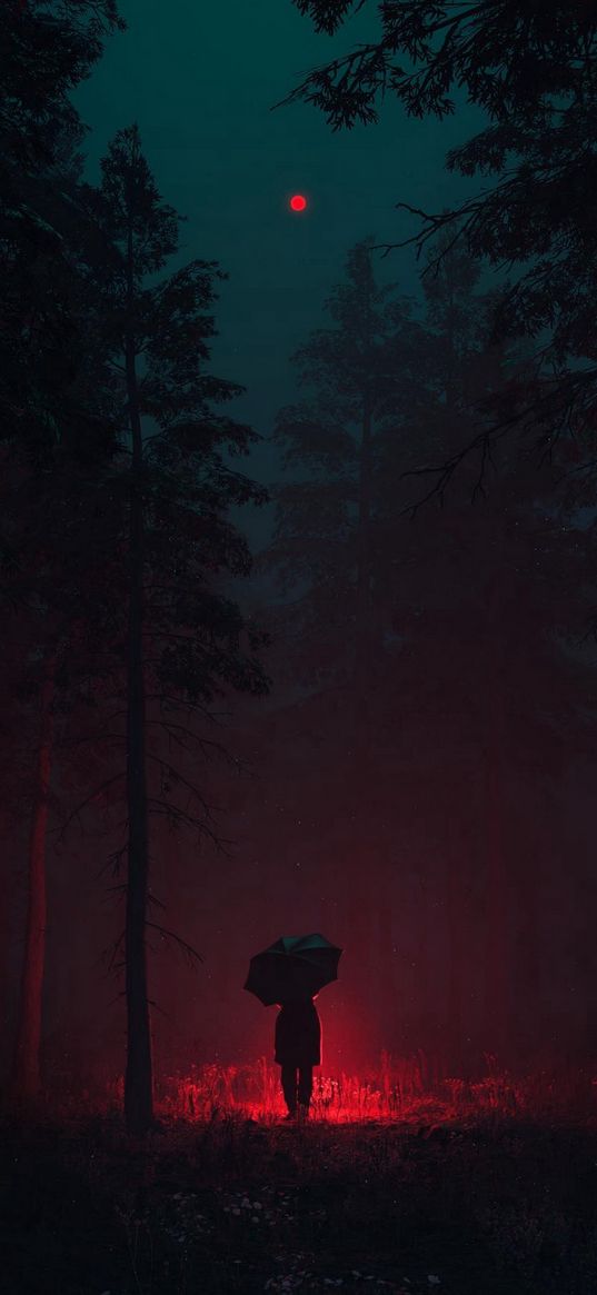 forest, night, man, umbrella, moon, red, dark, art