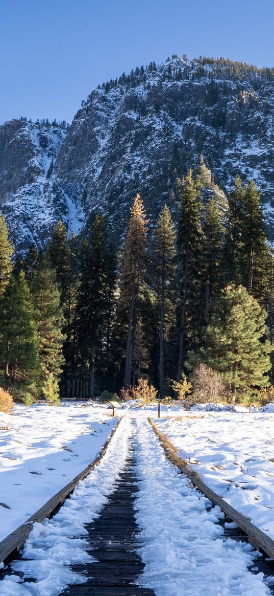 railroad, snow, glade, trees, mountains