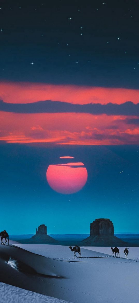 desert, sand, dunes, caravan, peak, blue sky, moon, clouds, stars, art