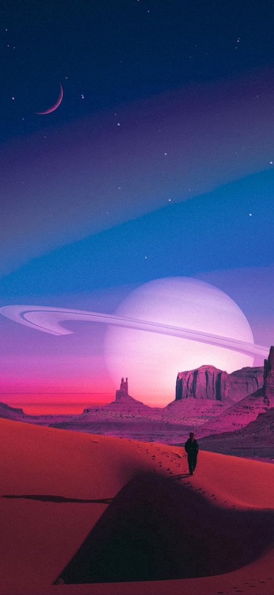 desert, sand, dunes, mountains, planet, saturn, titan, blue sky, stars