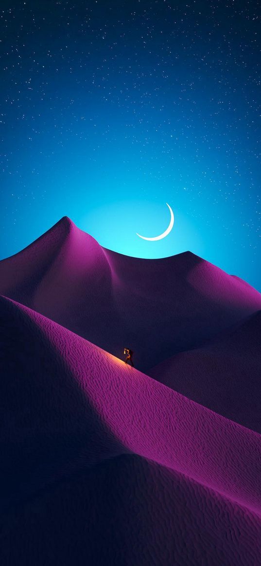 desert, sand, dunes, escalator, moon, blue sky, stars, art