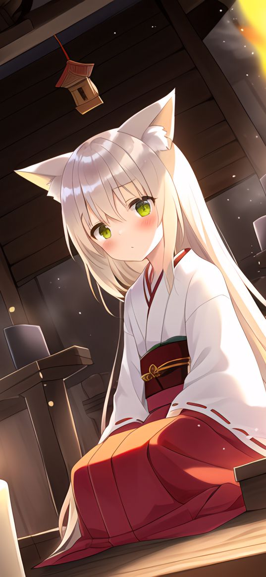 girl, neko, kimono, anime