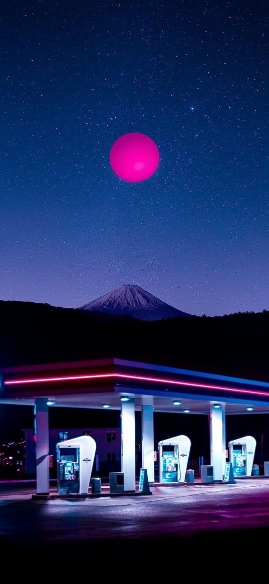 forest, mountain, ice, blue sky, stars, moon, gas station