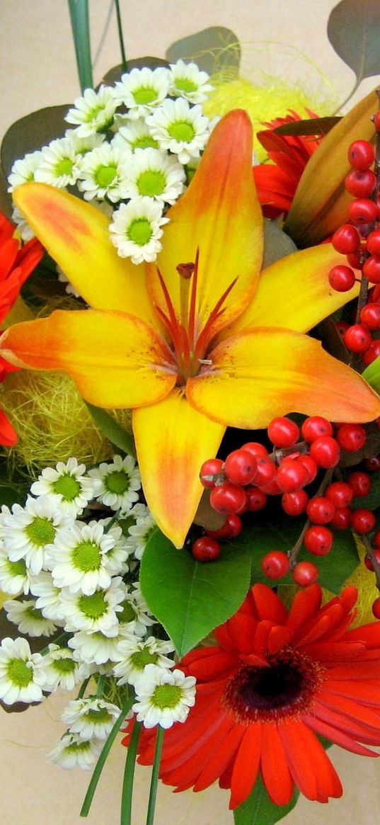 lilies, gerberas, chrysanthemums, leaves, flowers, bouquet