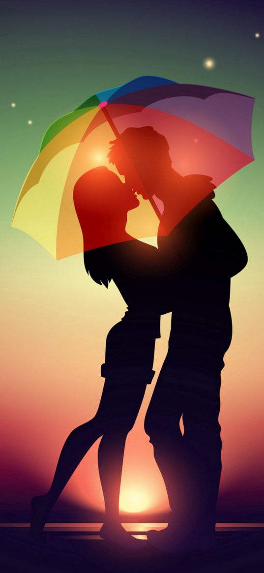 romantic, kiss, couple, umbrella, silhouettes, love, art