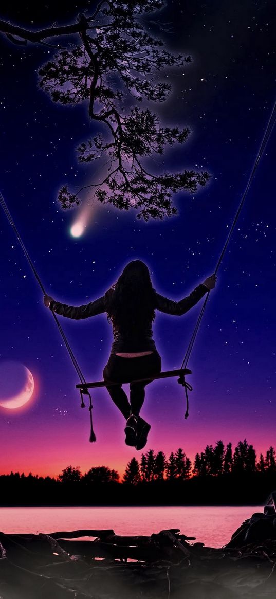 girl, swing, lake, trees, forest, sunset, moon, comet, stars, night, art