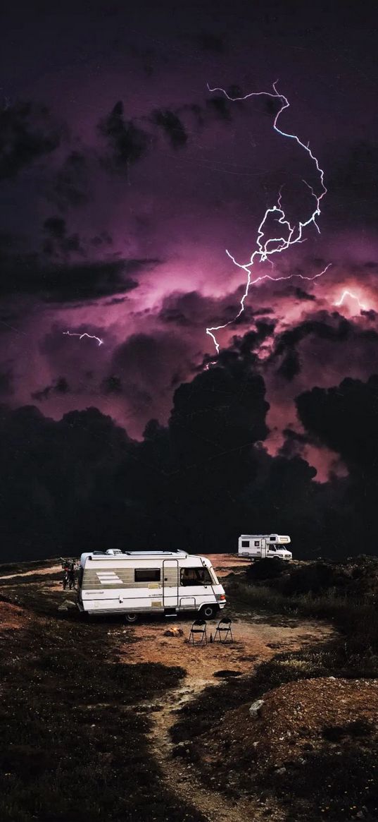 trailer, mobile home, top, journey, hurricane, lightning, clouds, storm, nature