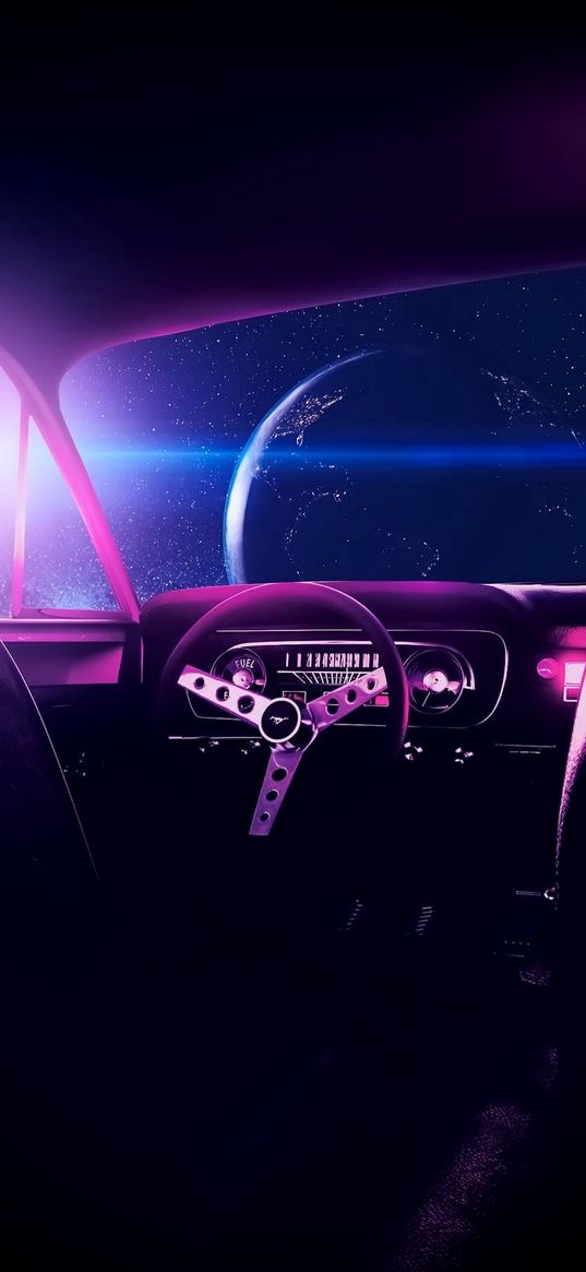 car, salon, retro, planet, earth, sun, light, space, violet, fantasy