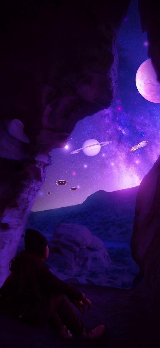 girl, cave, mountain, planets, ufo, rocket, stars, space, purple, fiction, art