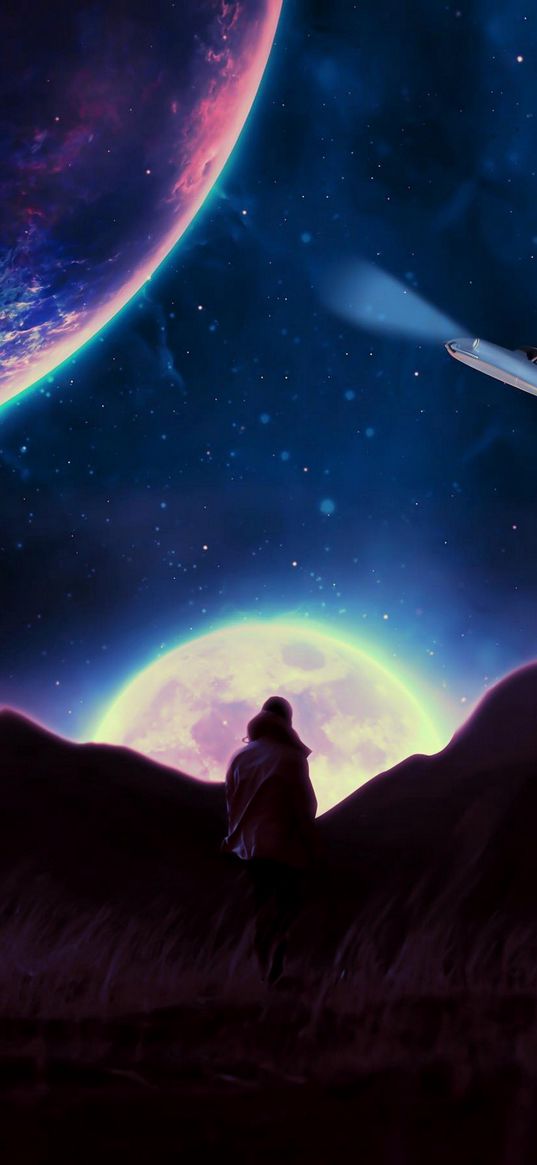 man, lonely, field, mountains, moon, flying car, planet, stars, space, night, fantasy