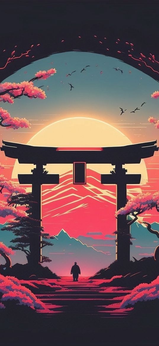 japanese art, minimalist, sunset, samurai, japan