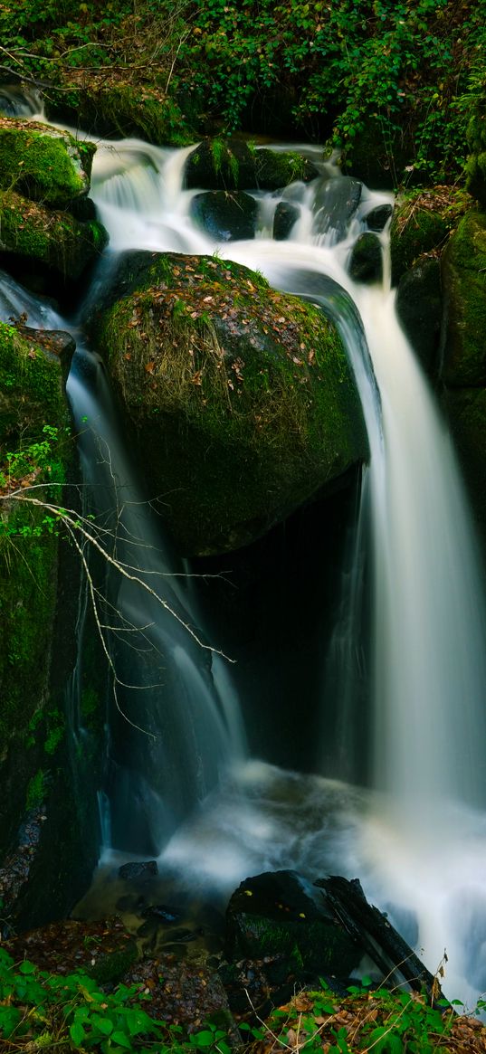 waterfall, stones, moss, branches, green