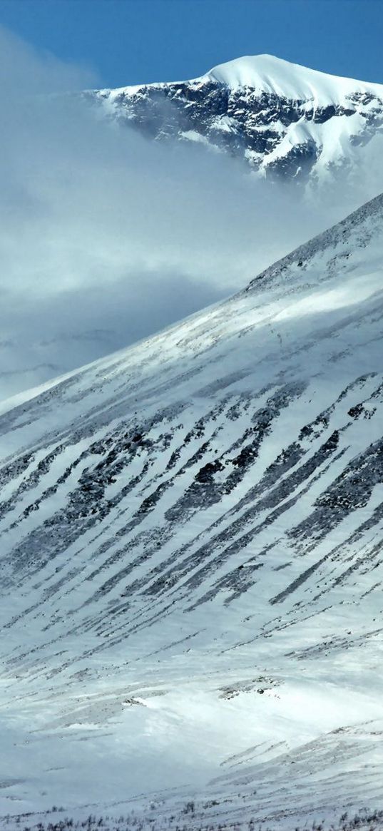 mountains, slopes, snow, stones, fog