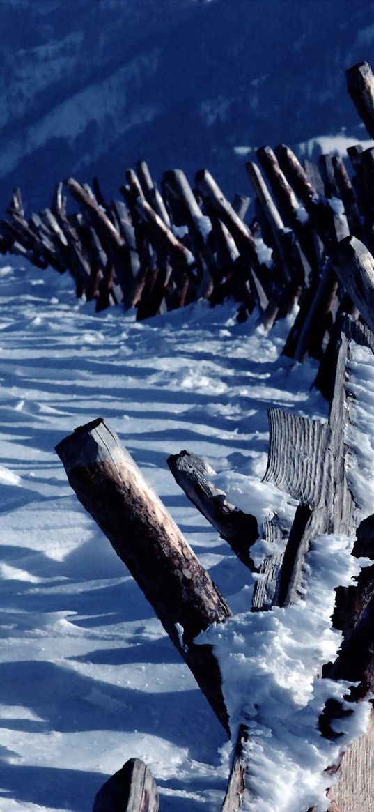 fence, logs, mountains, snow