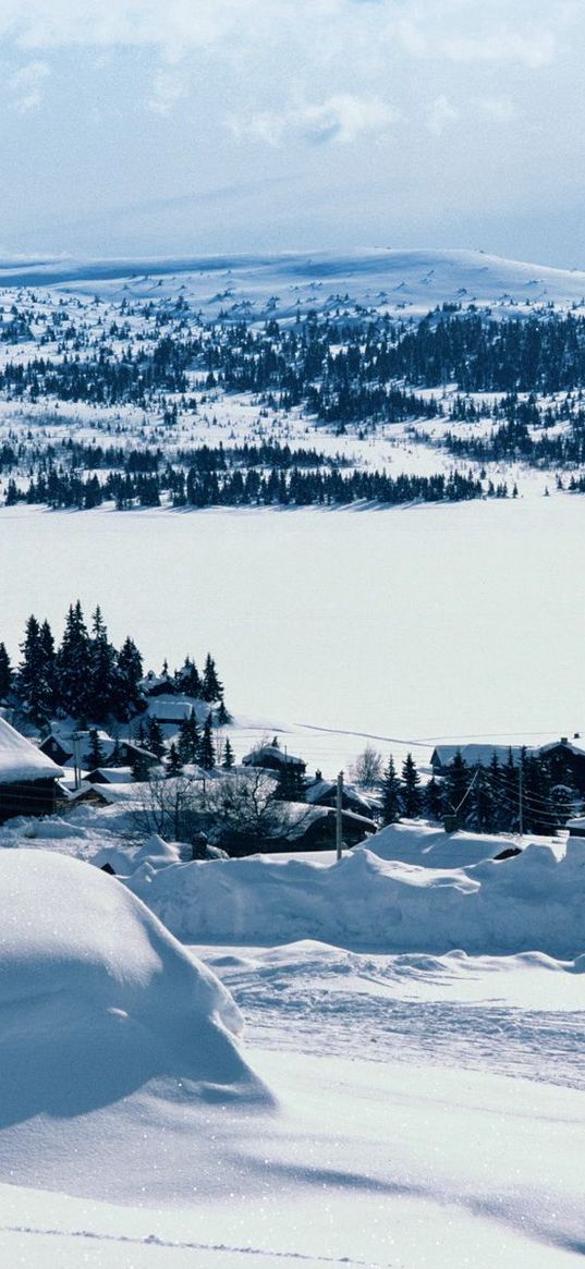 village, winter, snow, open spaces, wood