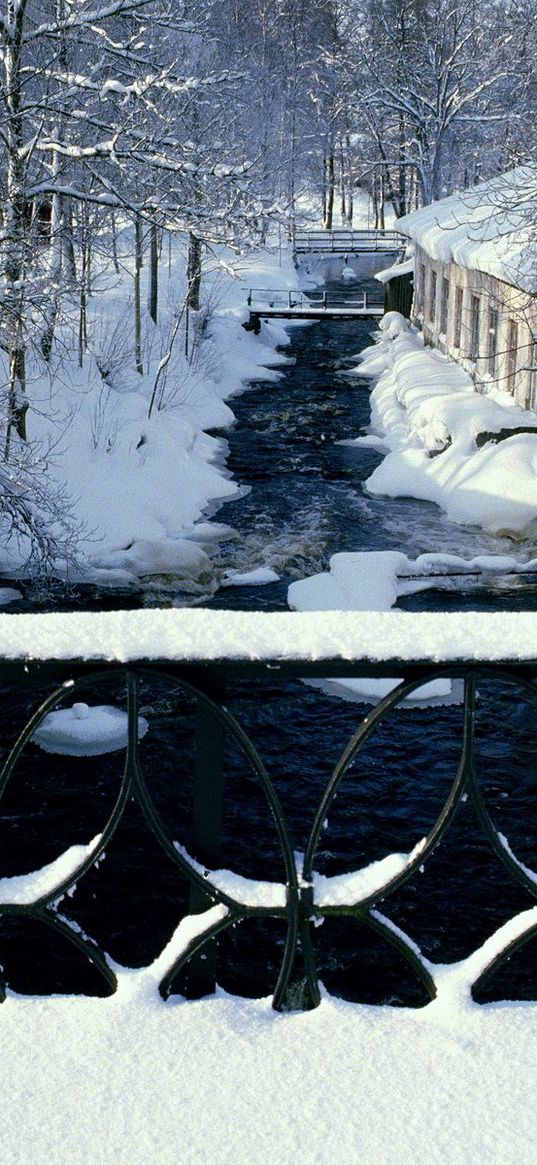 river, bridge, handrail, winter, patterns