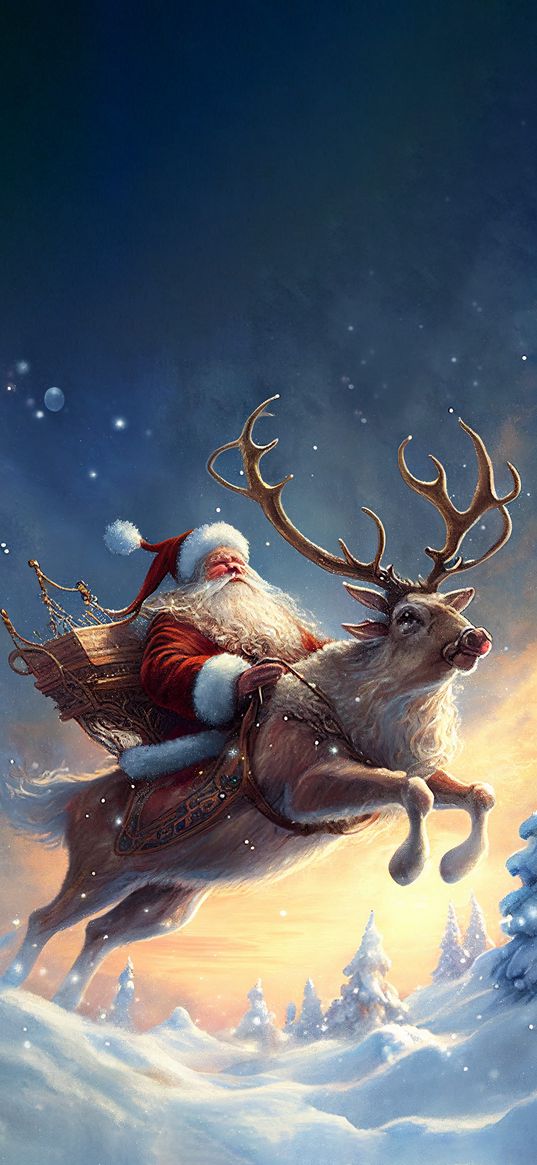 santa claus, deer, christmas, winter, art, holiday