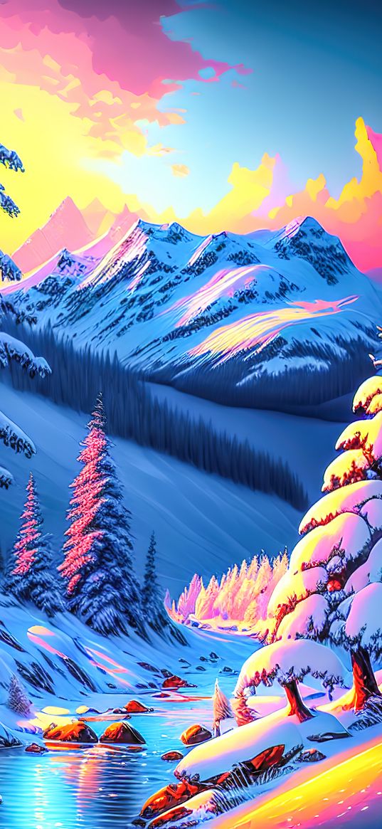 mountains, slope, snow, trees, river, art