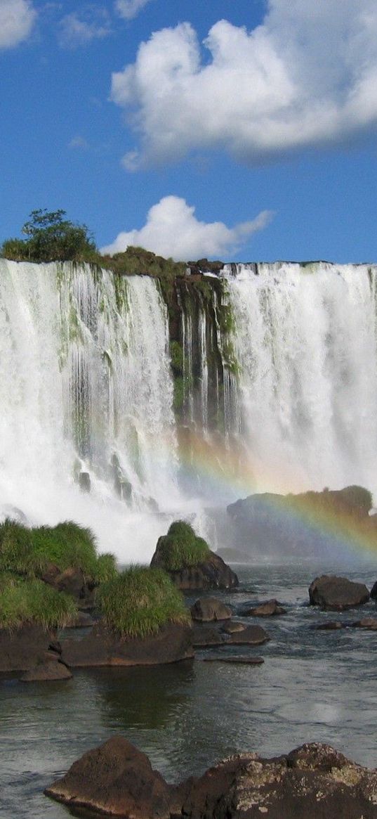 falls, rocks, stones, rainbow, sky, clouds