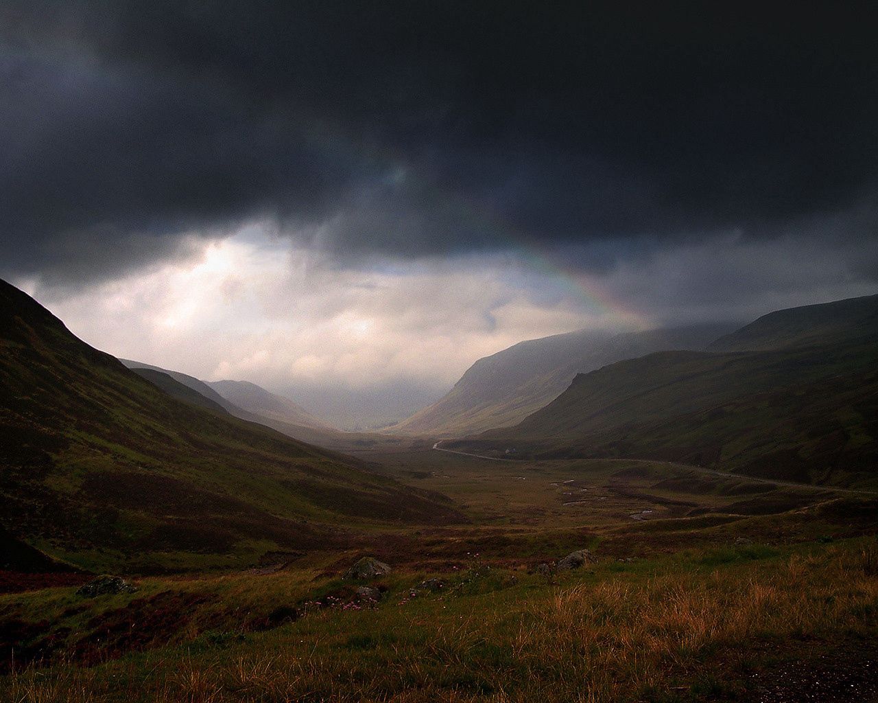 mountains, clouds, sky, rainbow