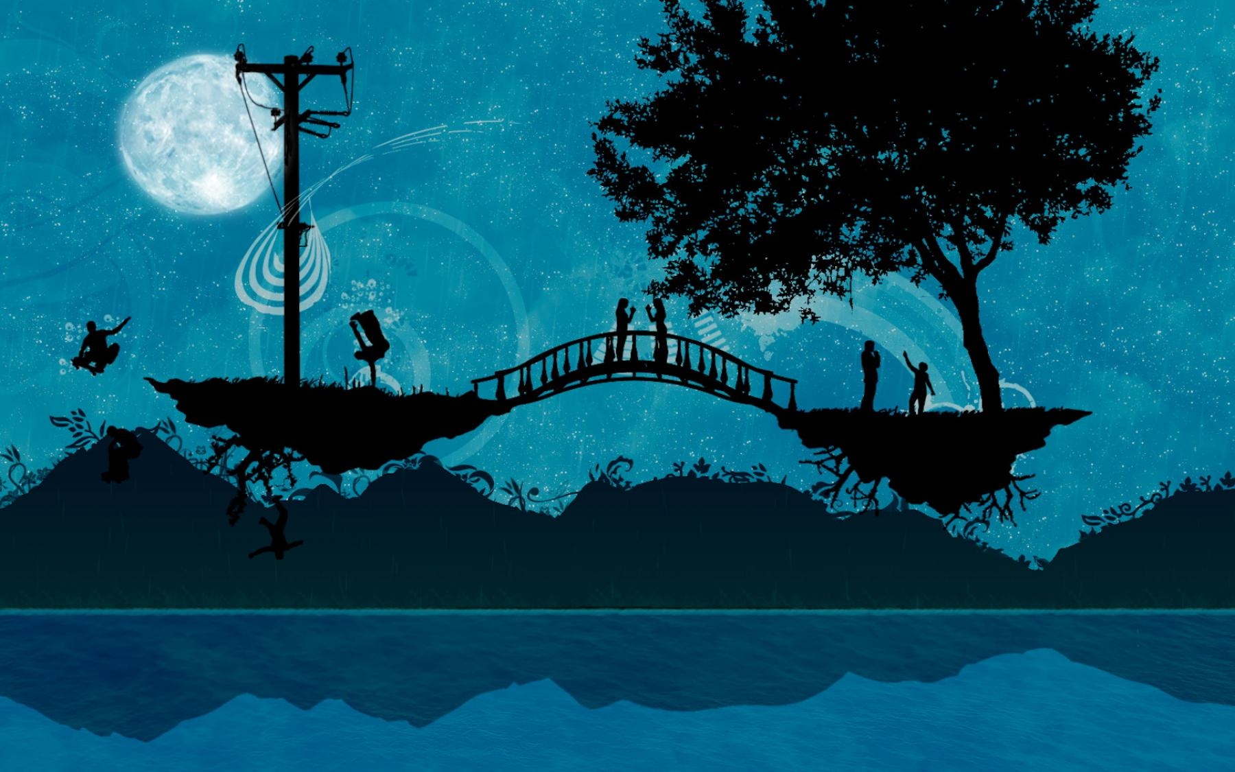 people, bridge, trees, romance, silhouette