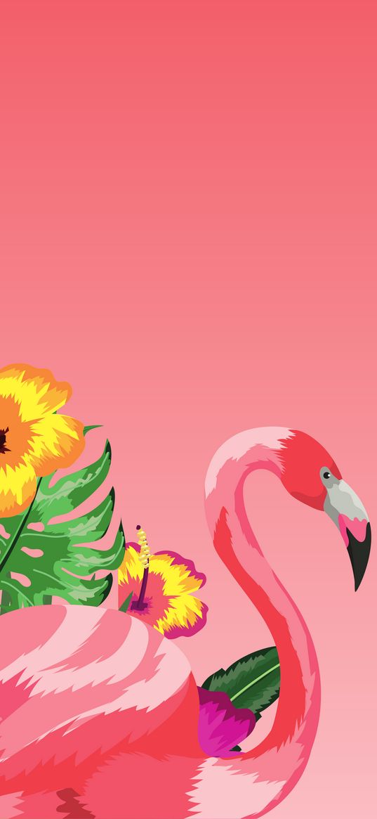 flamingo, bird, flowers, plants, pink background, vector graphics, art