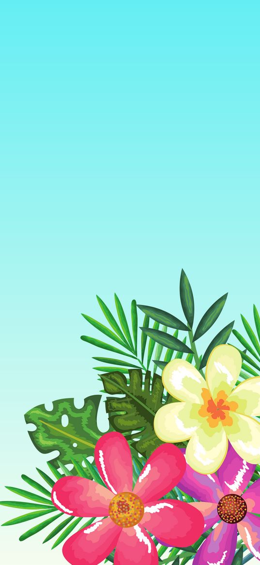 flowers, leaves, plants, turquoise background, vector graphics, art