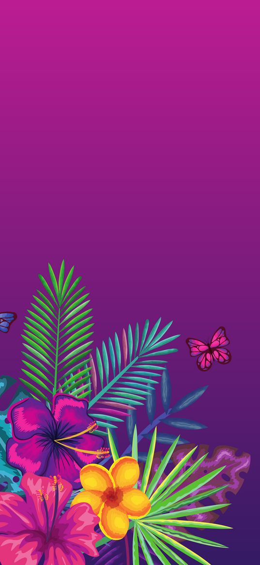 flowers, leaves, plants, butterflies, purple background, vector graphics, art