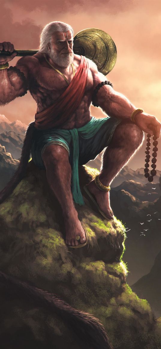 lord hanuman, mountains, sunset, god, hinduism, religion, india, art