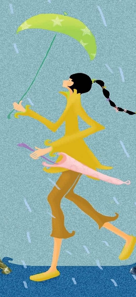 girl, walk, pet, rain, umbrella