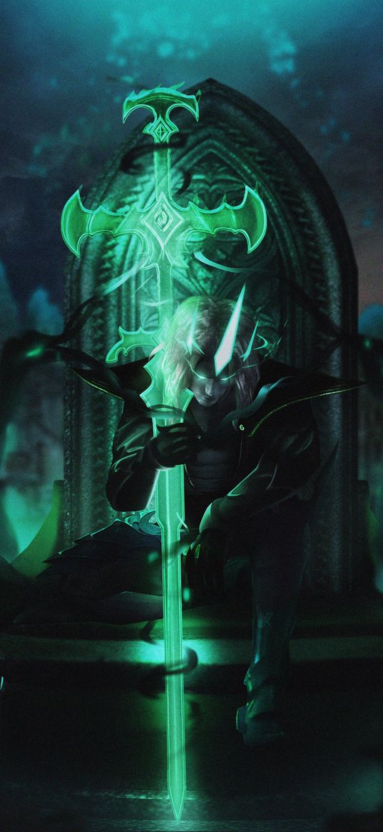 viego, ruined king, league of legends, game, character, sword, crown, throne, glow, green, art