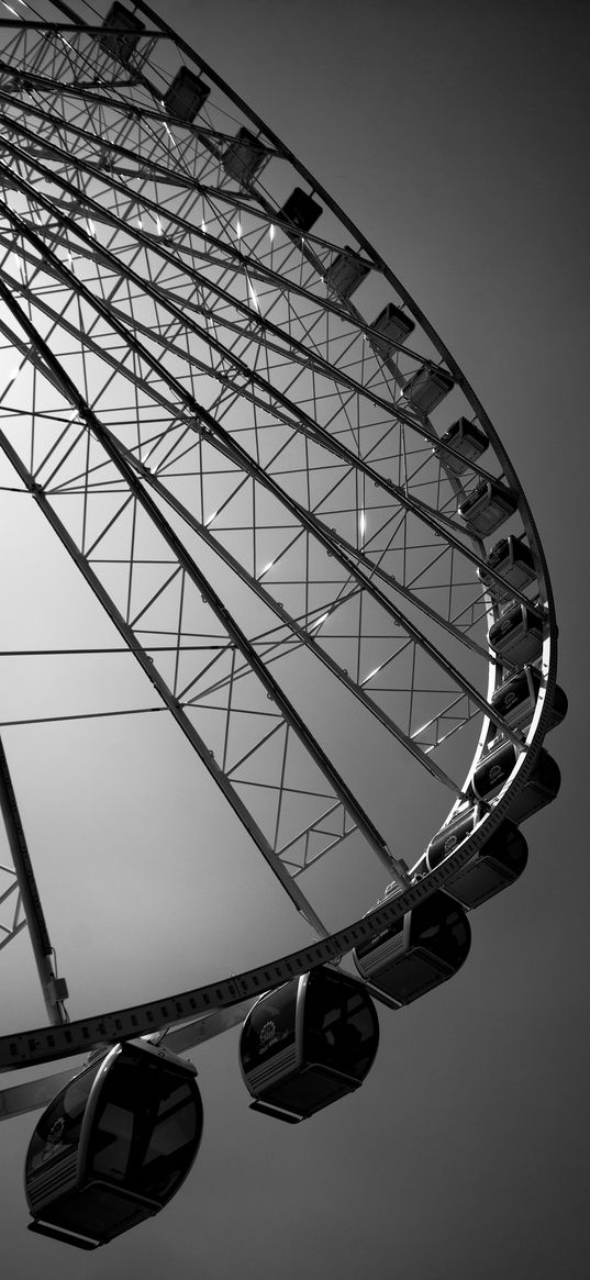 ferris wheel, attraction, sky, black and white