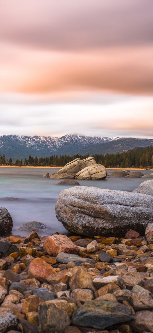 stones, boulders, sea, mountains