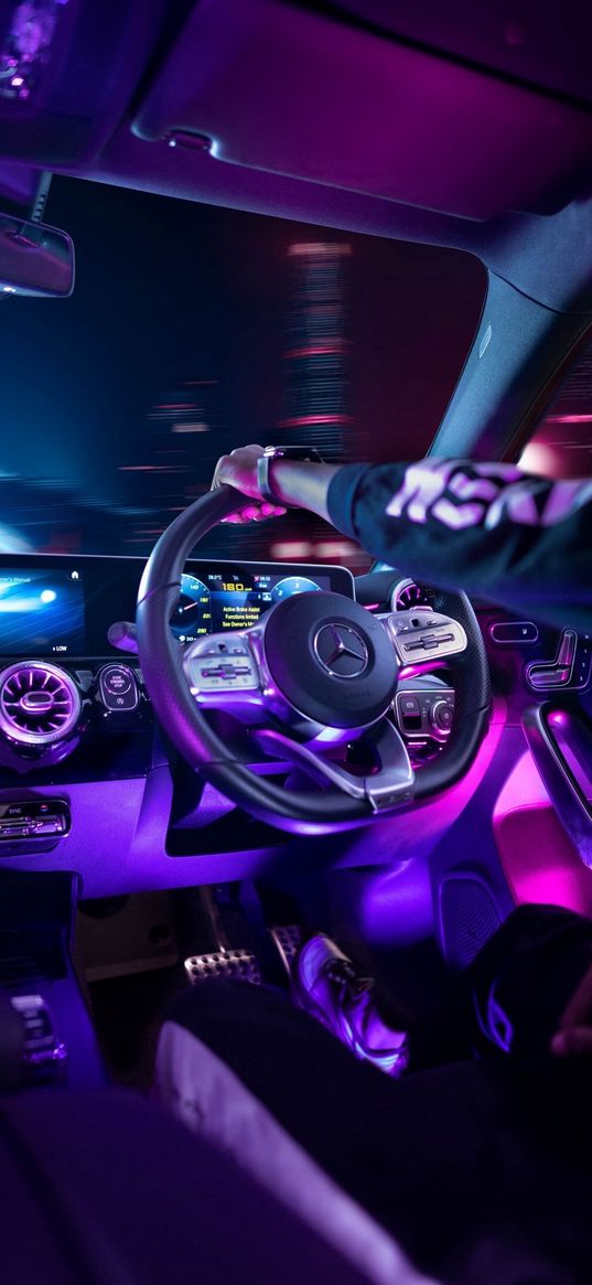 mercedes, car, salon, neon, purple, city, speed