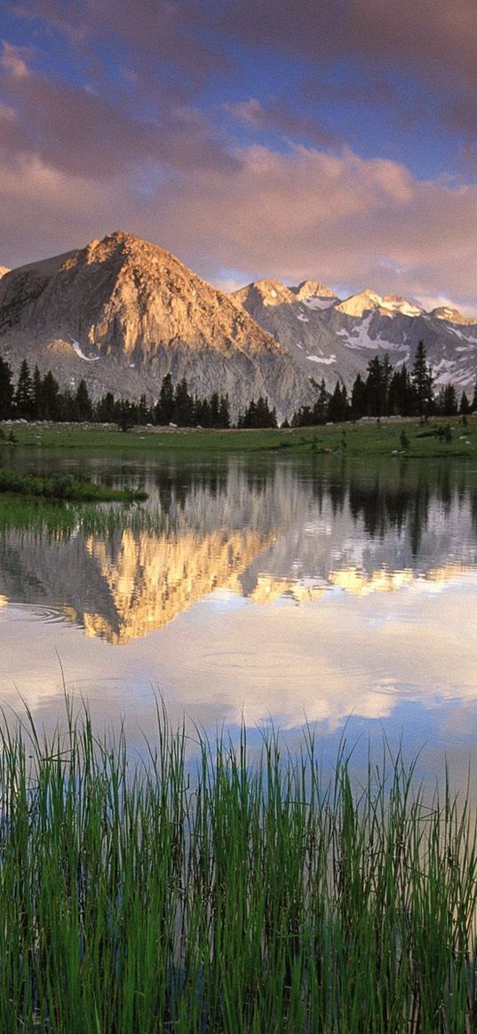 grass, water, mountains, sunlight, shade, morning