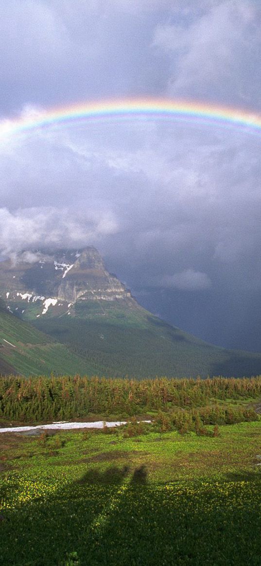 mountains, rainbow, snow, greens, clouds