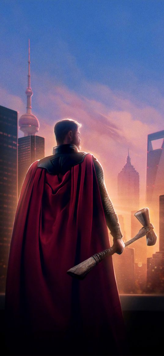 thor, god, superhero, marvel, axe, skyscrapers, city, art