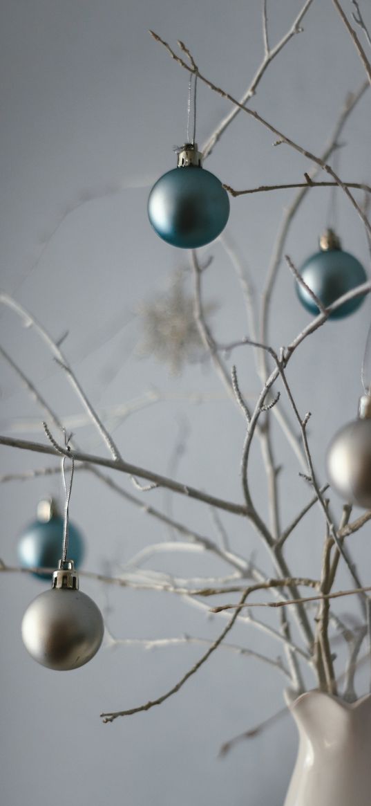 christmas balls, branches, vase, christmas decoration, decor, new year, christmas, holiday