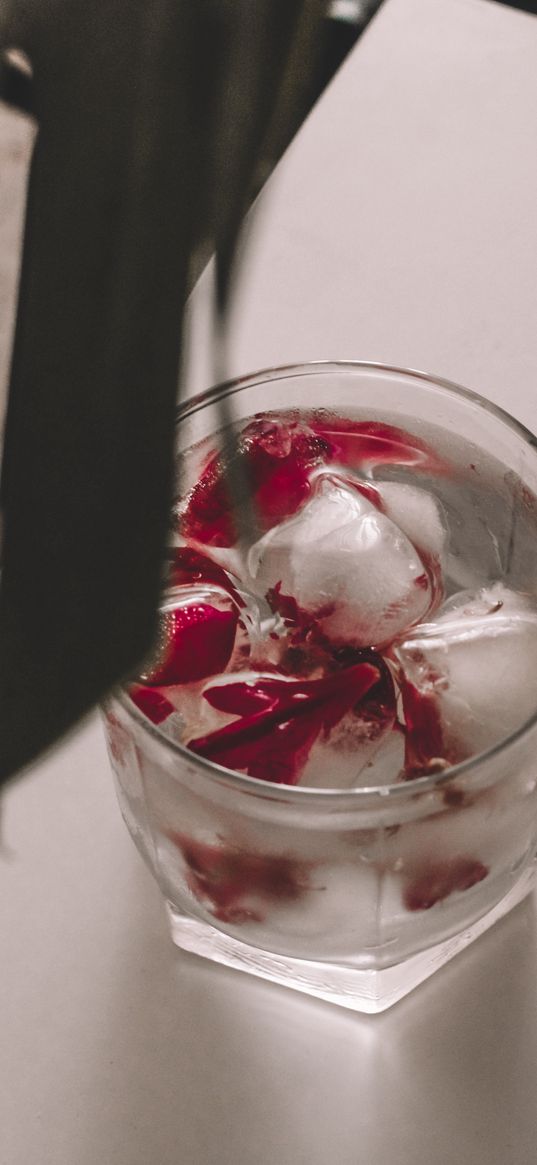 cocktail, drink, ice, glass, table, flower