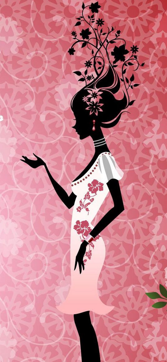 girl, flowers, bird, dress, silhouette