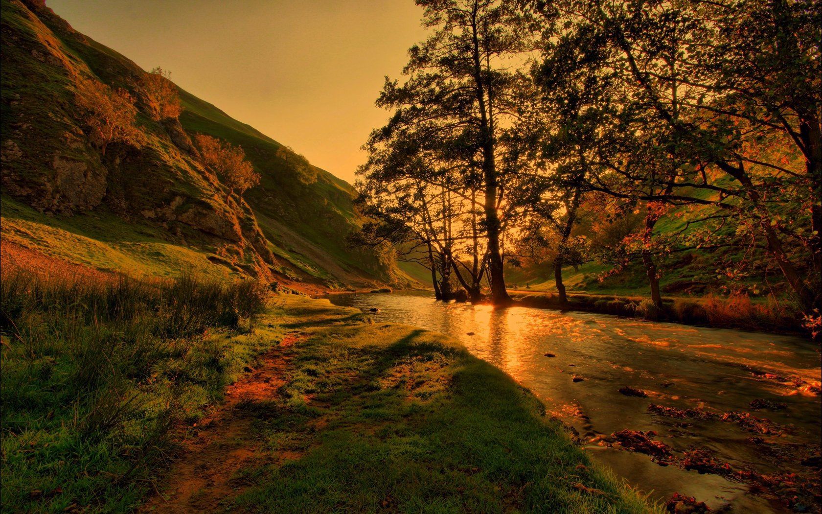 river, lighting, trees, evening, beams, shadows, mountains, reflection