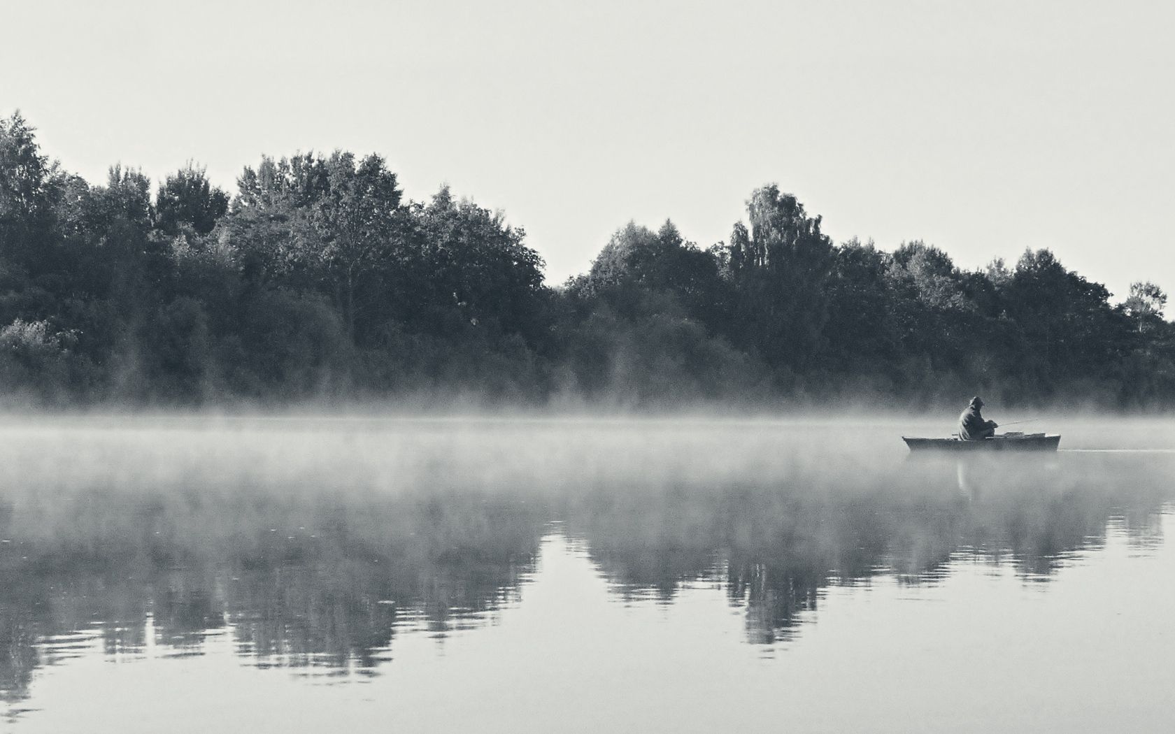 fisherman, fog, morning, river, black-and-white