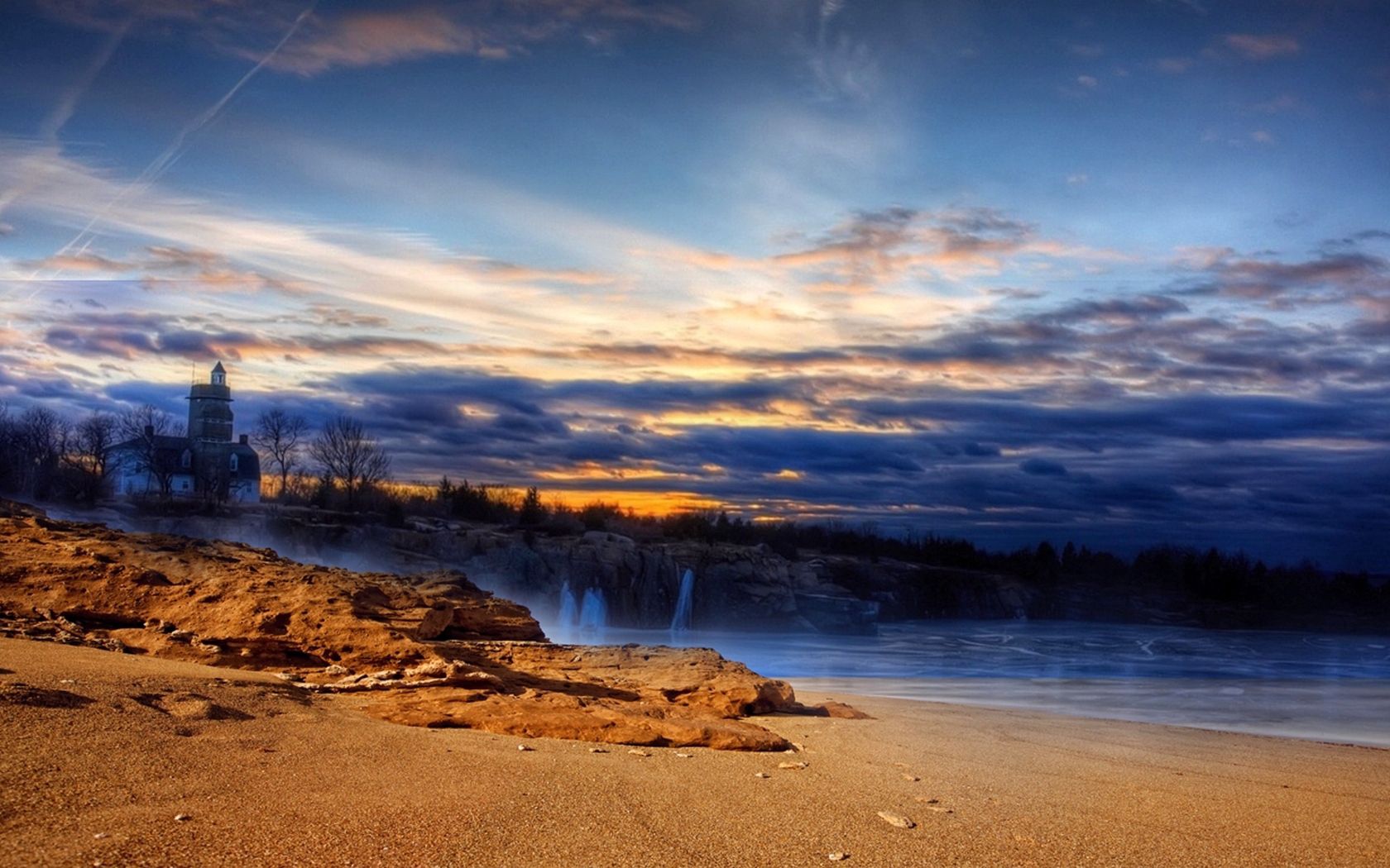 beach, sand, lighting, house, sea, sky, evening