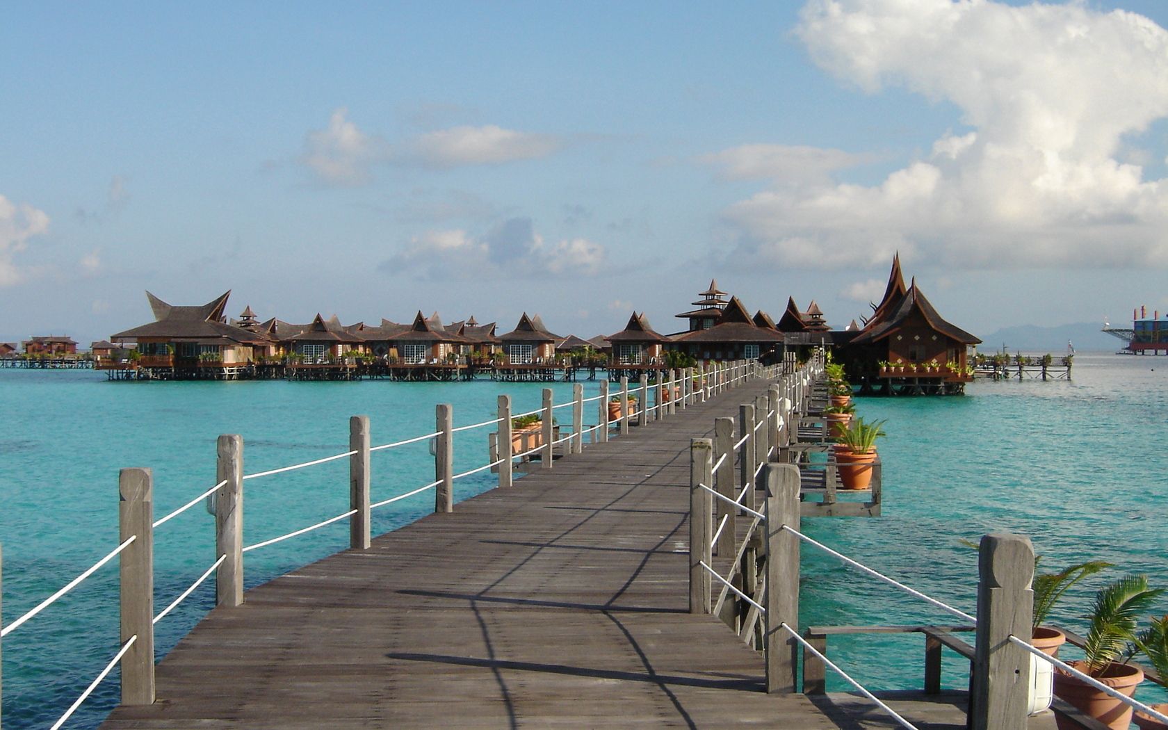 bridge, flowers, bungalow, blue water, resort, lodges