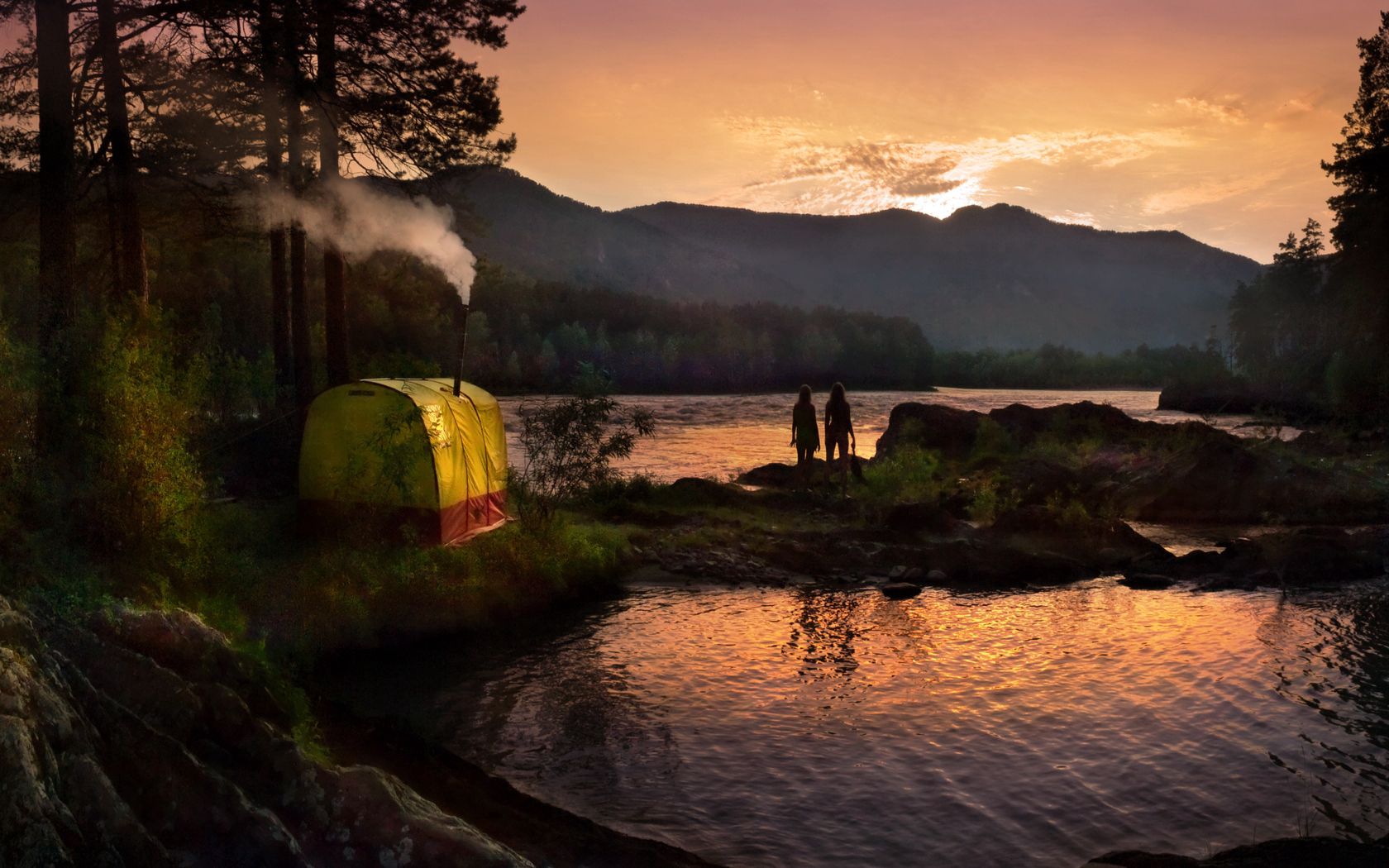 tent, wood, lake, girls, silhouettes, mountains, pipe, evening