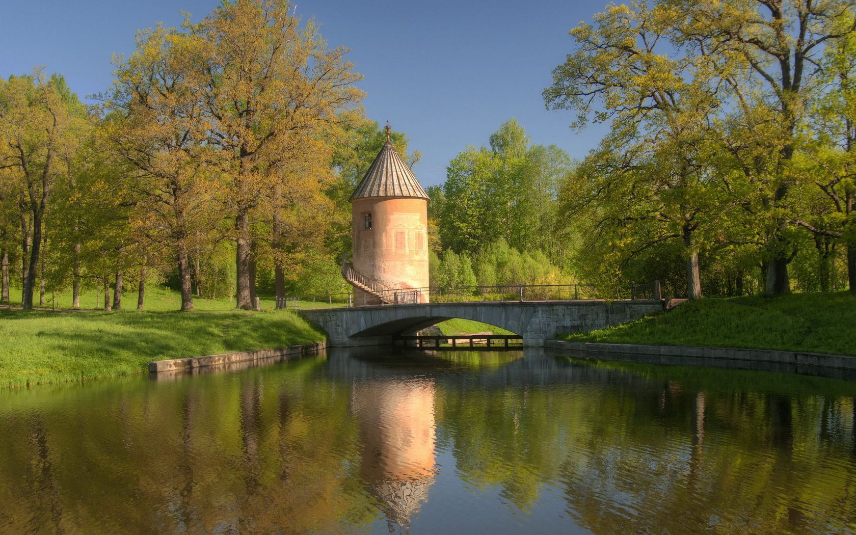 pond, bridge, construction, trees, tower, ladder