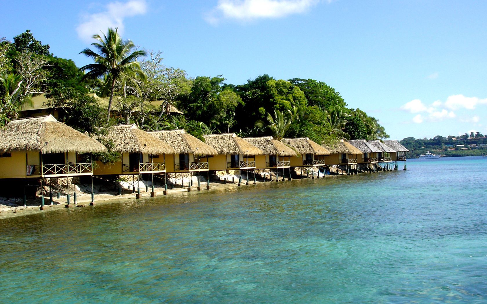 bungalow, row, coast, resort, rest, palm trees