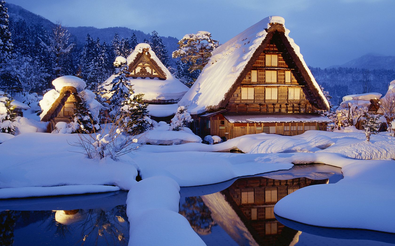 winter, snow, lodges, lake, light, reflection, japan